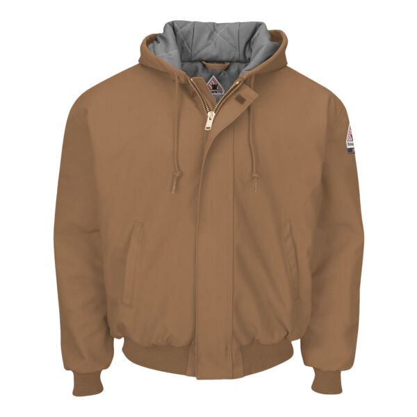 Men's Tall Insulated Brown Duck Hooded Jacket with Knit Trim Thumbnail