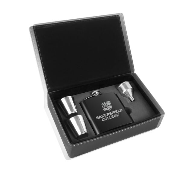 6 oz. Black Stainless Steel Flask Set in Black/Silver Laserable Leatherette Box Thumbnail